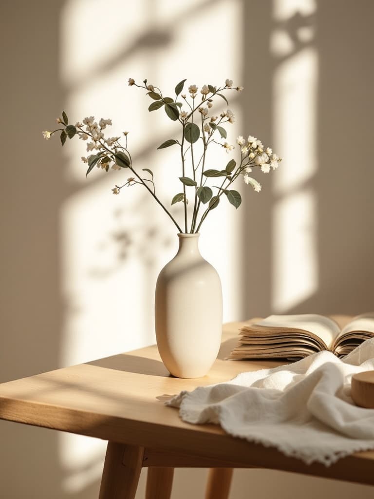 Hand-thrown ceramic vase with wildflowers in dappled window light, an open book beside it — generated by the engine